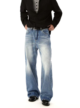 G2 立体猫须潮流直筒牛仔裤长裤男休闲美式磨白做旧宽松直筒裤男