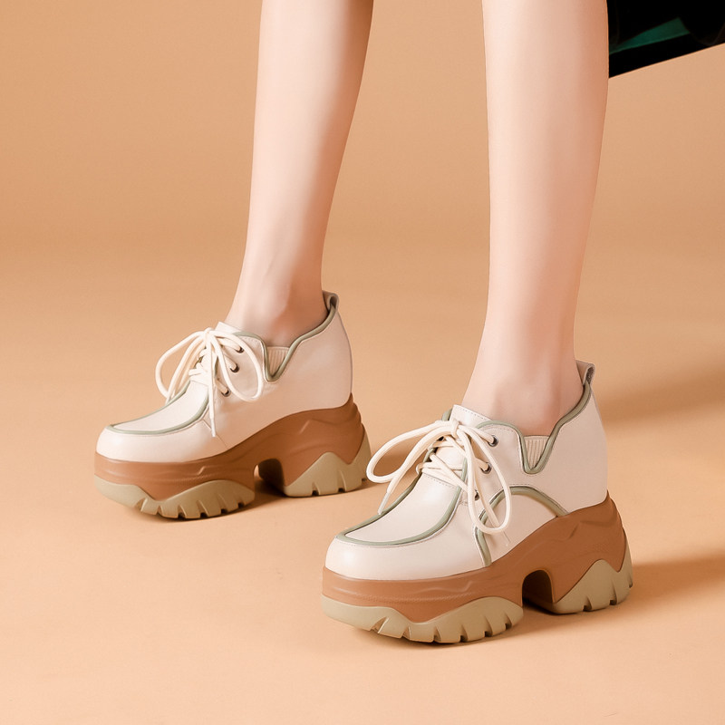 10cm厚底内增高女鞋春季新款真皮拼色小个子单鞋超高跟坡跟松糕鞋