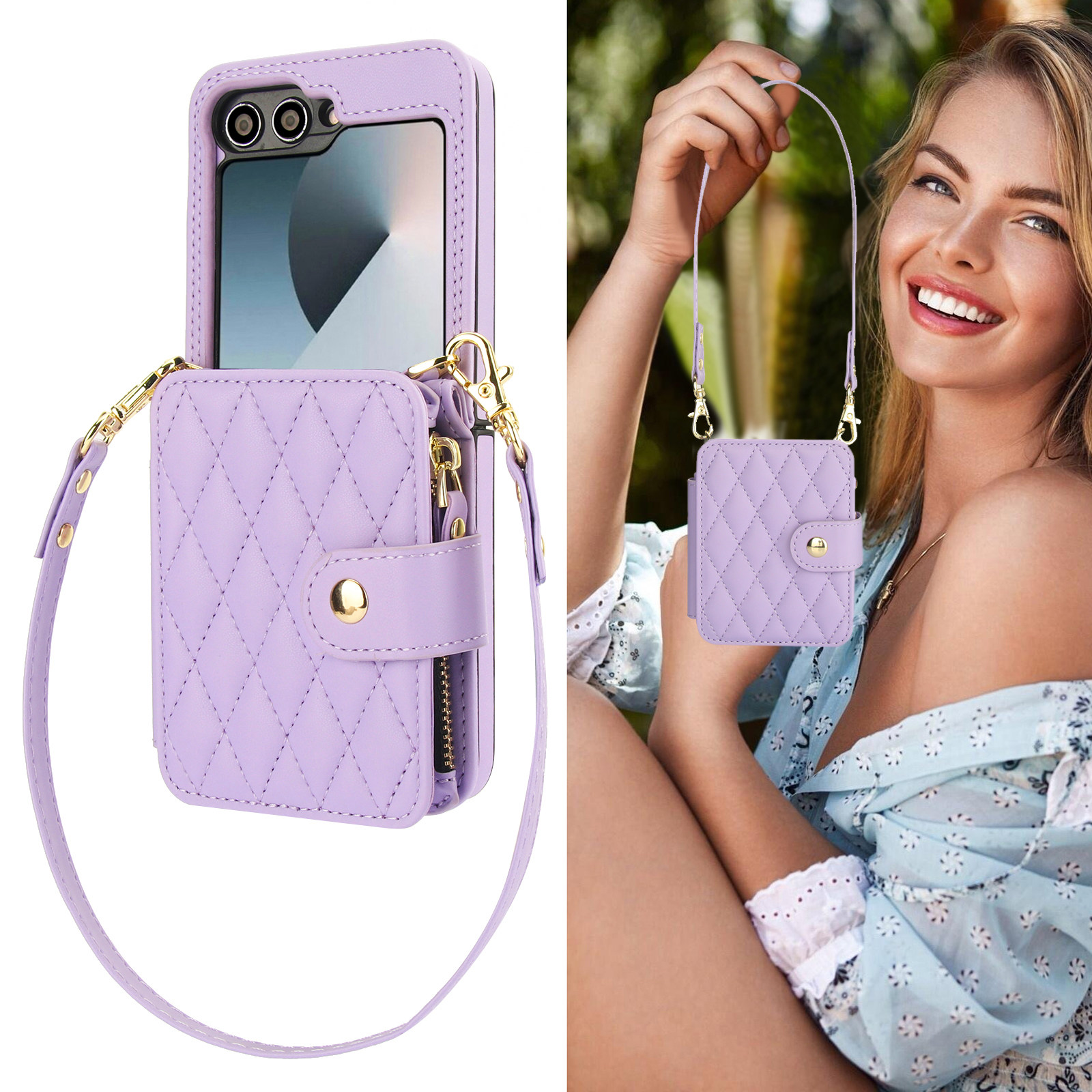 三星Z Flip7适用三星Z Flip6折叠斜挎菱格钱包手机皮套