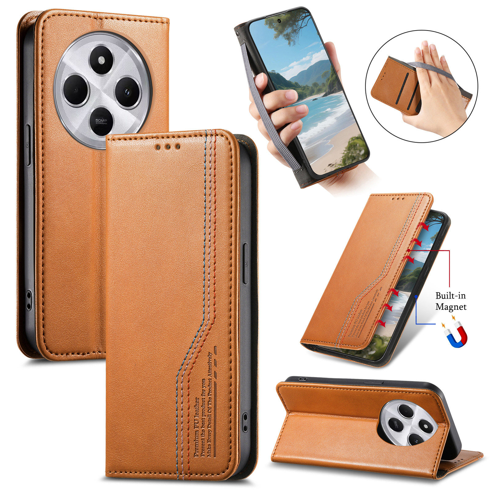 红米13 5G适用小米15TPro手机壳翻盖支架商务小米17pro插卡磁吸皮套红米K80卡包红米Note14 4G钱包插卡保护套