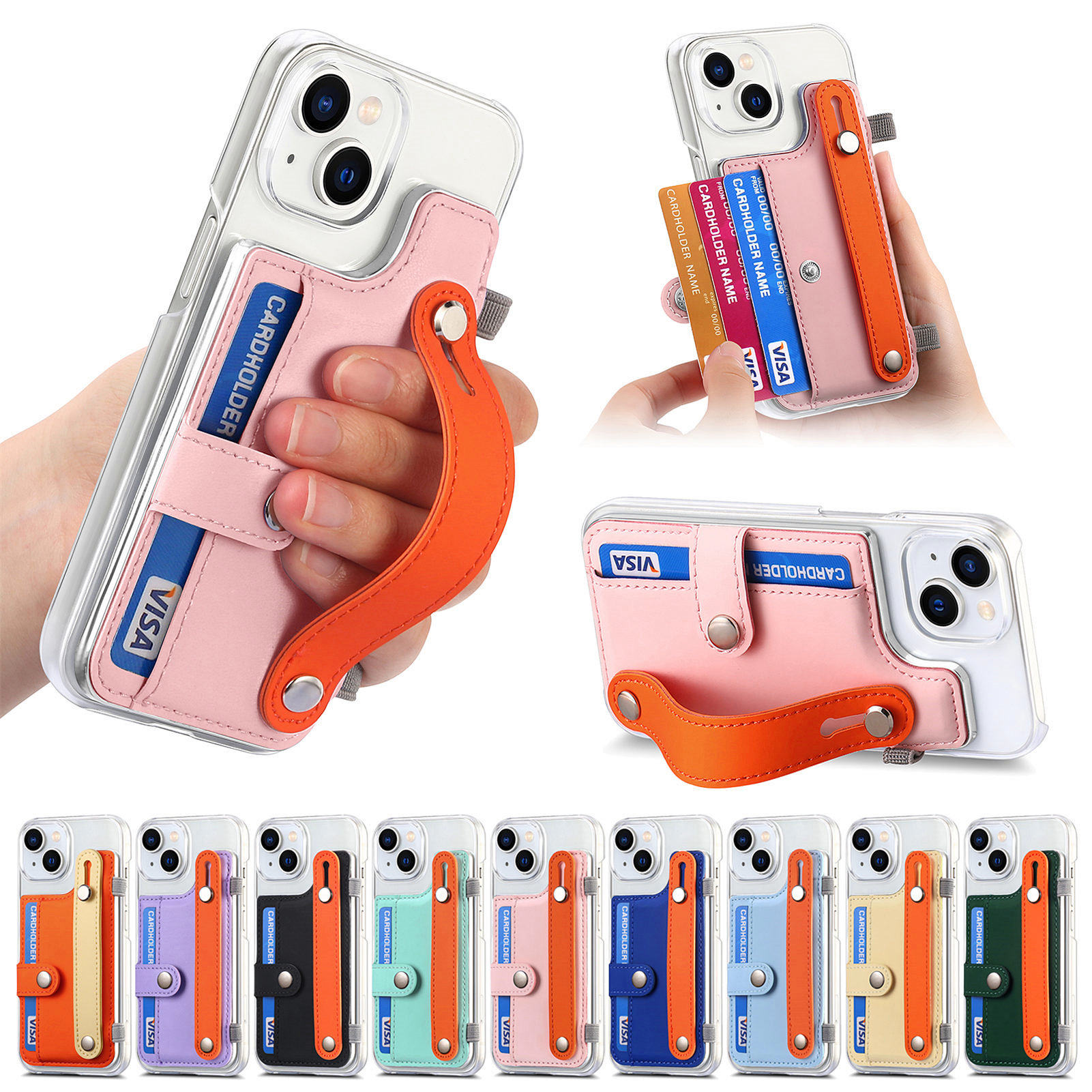 苹果16适用iPhone15promax卡包手机壳DIY马克龙腕带支架苹果15壳iPhone14时尚带腕带卡包13可放门禁卡12钱包