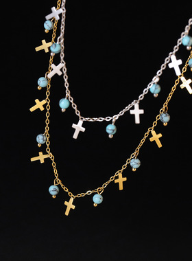 印第安仿蓝松石十字架钛钢项链