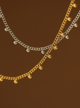 XL490 小众别致蕾丝金珠豆豆项链高级感叠戴欧美锁骨链米粒钛钢