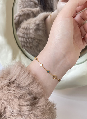 SL106 老钱风彩钻四叶花 轻奢镂空花朵唯美手链 钛钢镀18K金