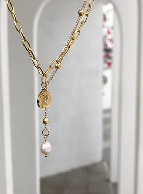 女圆形金币钱币流苏淡水珍珠拼接项链韩国 钛钢镀金 XL012