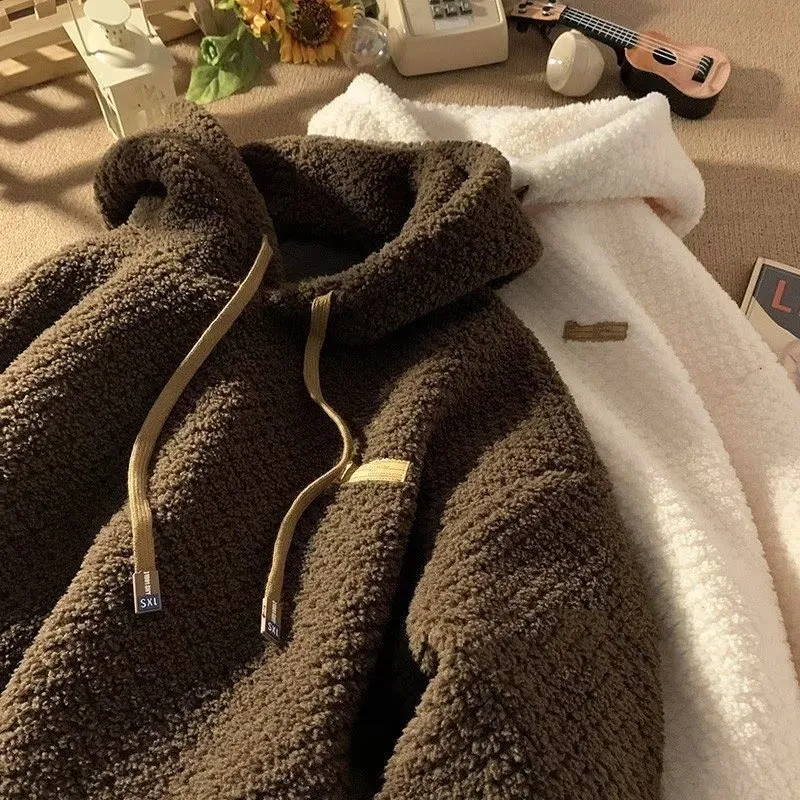 羊羔绒连帽卫衣男冬款加绒加厚oversize美式外套秋冬新款休闲上衣