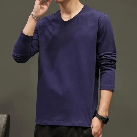 打底衫v领体恤修身t恤衫纯色薄款长袖男士内衣白色宽松春秋款新款