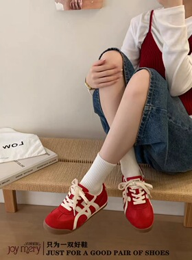 专柜正品娇娅媚妮2026新款牛反皮圆头阿甘鞋运动休闲鞋红色德训鞋