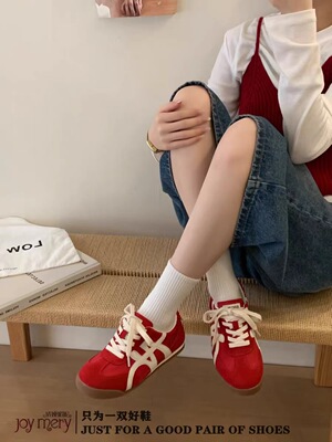 专柜正品娇娅媚妮2026新款牛反皮圆头阿甘鞋运动休闲鞋红色德训鞋