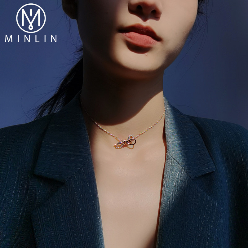 纯银采用施华元素洛世奇蝴蝶结项链 女潮 网红锁骨链 颈链 项圈