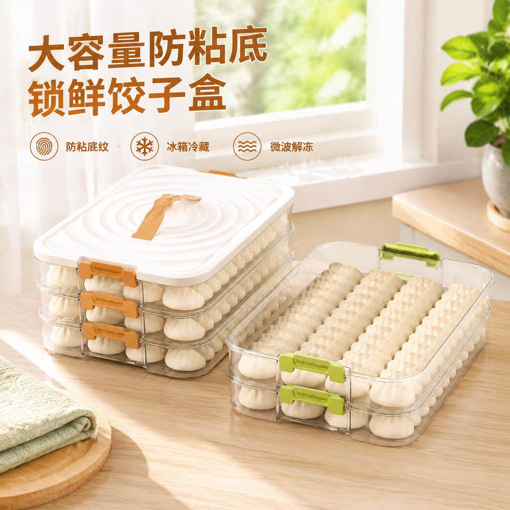 饺子收纳盒冰箱用多层冷冻保鲜盒家用食物馄饨速冻盒带手柄分隔盒