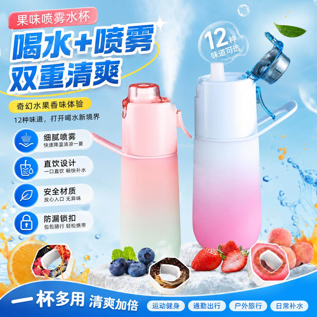 玩味环水杯趣味香环可变味儿童学生上学运动喷壶水果味喷雾水杯子图片