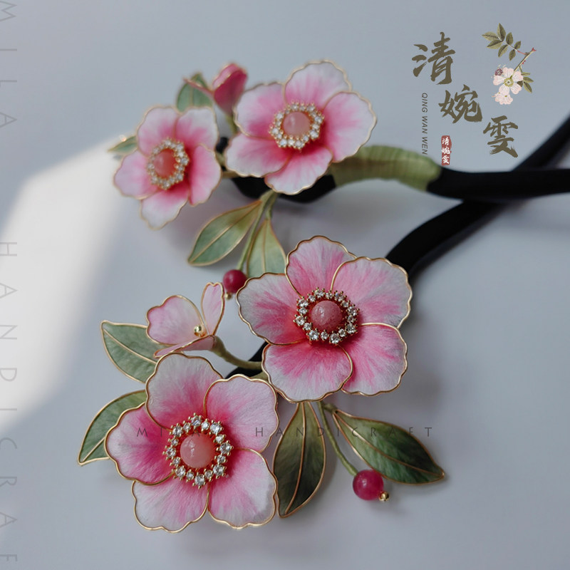清婉雯『醉芙蓉』原创掐丝绒花芙蓉花木簪汉服配饰发簪新中式发钗