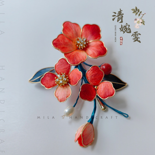 清婉雯『禧颜』原创掐丝绒花牡丹胸针 国风胸花旗袍配饰手工别针