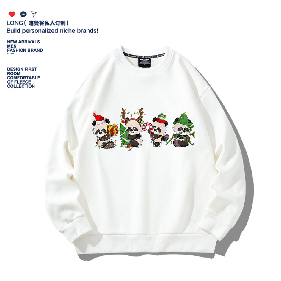 圣诞节童装礼物熊猫圣诞树圆领卫衣套头薄款男女亲子情侣加绒衣服