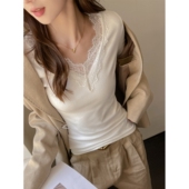 秋冬磨毛V领蕾丝拼接德绒长袖 打底衫 女内搭正肩t恤可外穿显瘦上衣