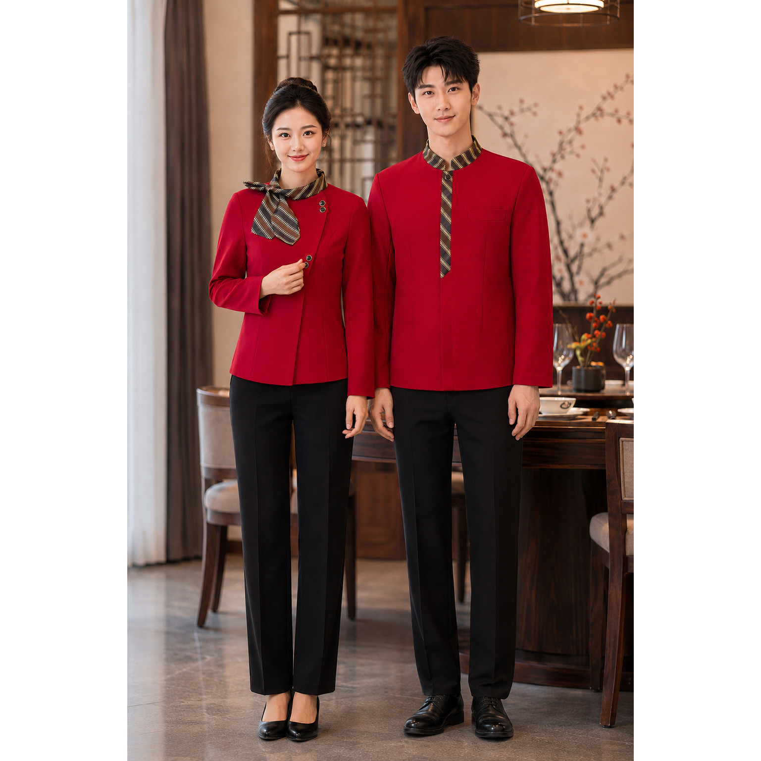 六扣长袖酒店餐厅服务员工作服秋冬飘带领红色餐饮前台接待气质装