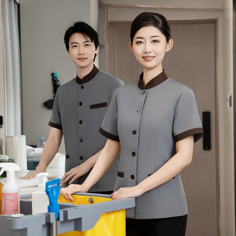 酒店保洁员工作服短袖夏季立领制服灰色清洁阿姨工装