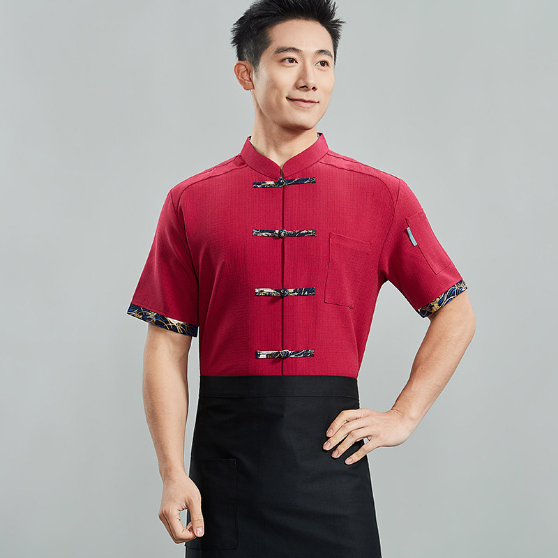 中式盘扣短袖工作服男红色餐厅服务员制服夏季餐饮工装