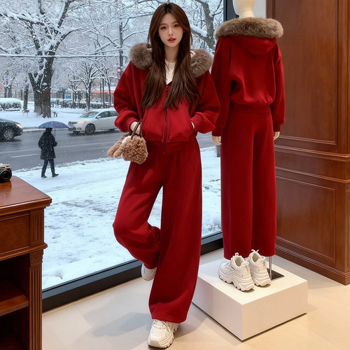毛领卫衣运动套装女阔腿裤两件套