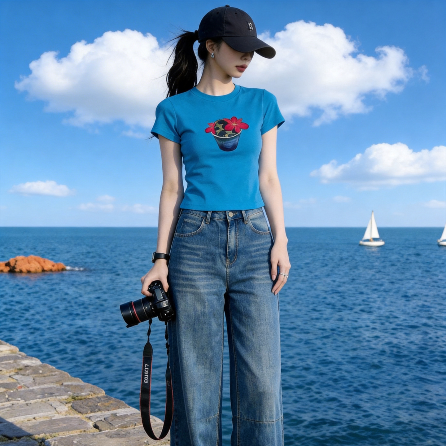 多巴胺蓝色印花短袖T恤女夏季新款修身显瘦减龄短款半袖衫上衣潮