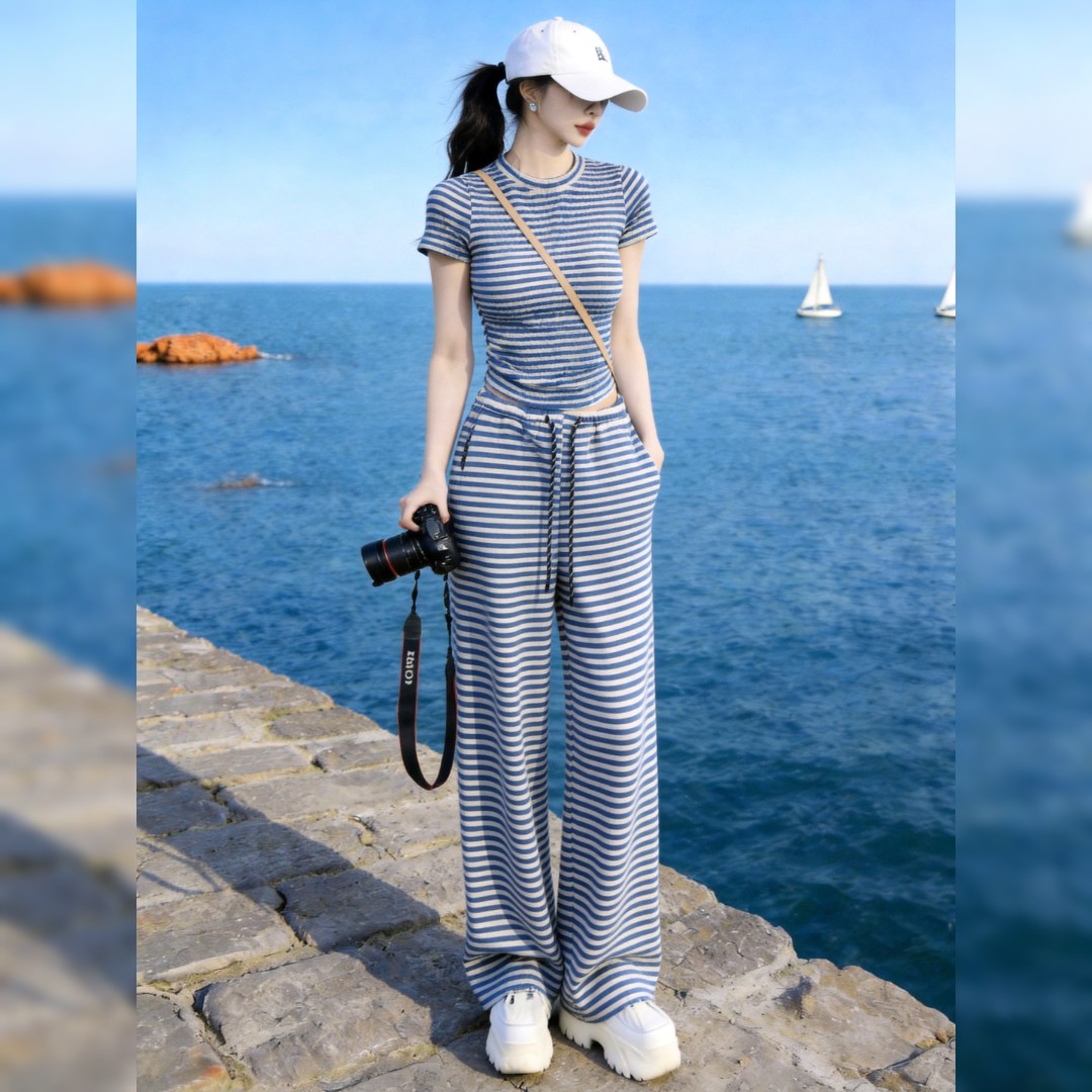 条纹休闲修身短袖运动套装女夏季新款出游穿搭阔腿裤显瘦两件套潮