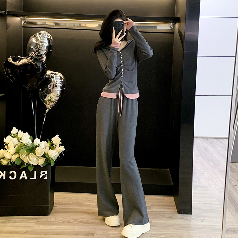 连帽撞色修身长袖运动套装女秋季