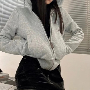 炸街灰色连帽短款外套女春秋季新款设计感宽松薄款卫衣拉链开衫潮