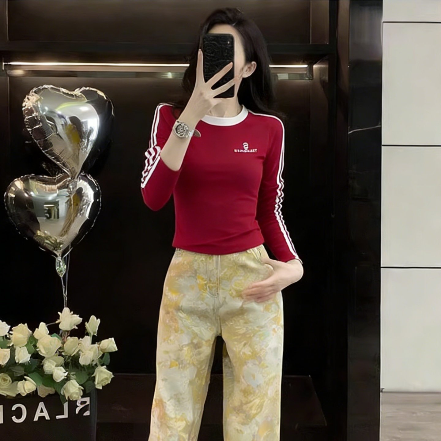 撞色条纹刺绣紧身短款长袖t恤女春季新款修身显瘦百搭打底衫上衣