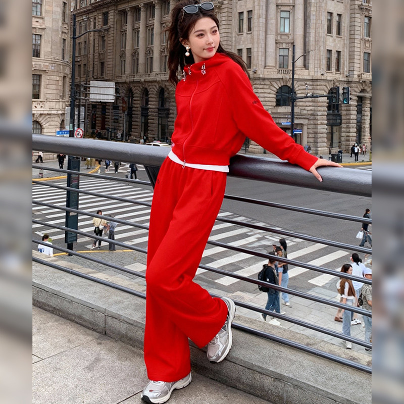 红色连帽卫衣拉链外套运动套装女秋冬季新款休闲宽松阔腿裤两件套