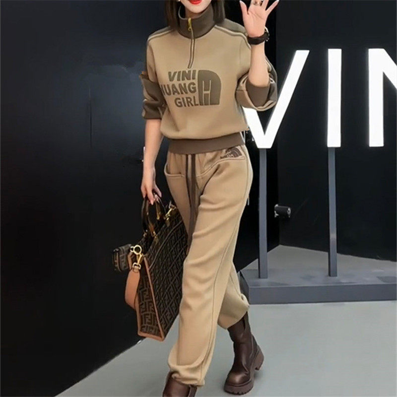 立领撞色短款卫衣运动套装女春秋冬季休闲宽松束脚裤加绒俩件套潮