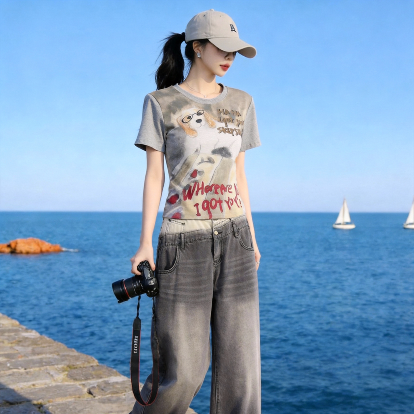 直喷涂鸦紧身短款T恤女短袖夏季