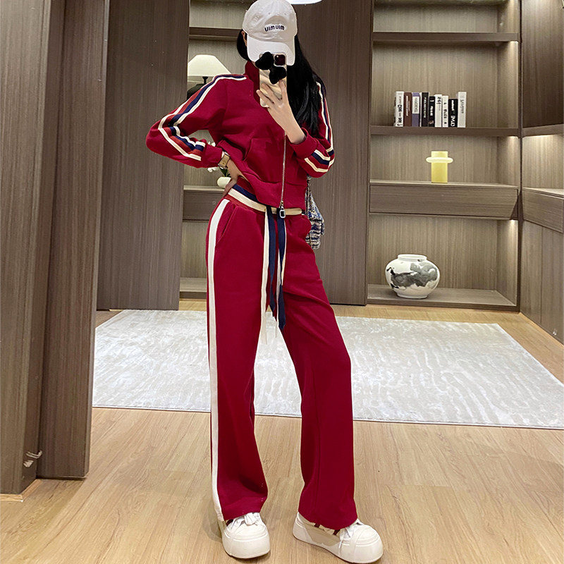 短款拉链外套运动套装女秋冬季新款设计感休闲宽松阔腿裤俩件套潮