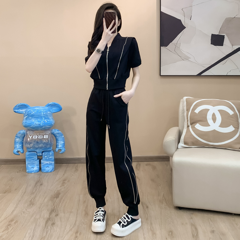 短款外套运动套装女夏新款宽松休闲束脚裤v领拉链开衫短袖俩件套