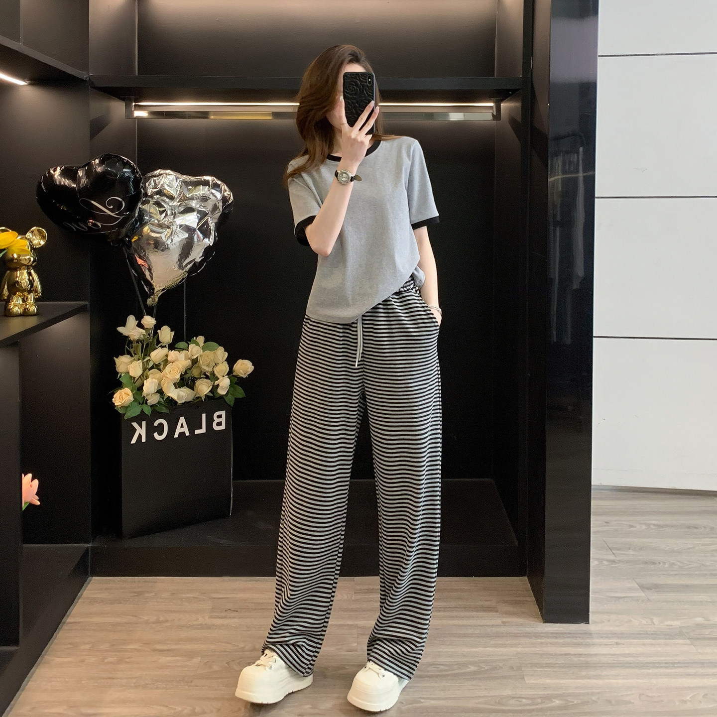 条纹撞色短袖t恤运动套装女夏季新款休闲宽松显瘦阔腿裤两件套潮