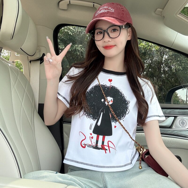 正肩撞色短款T恤女短袖夏季新款趣味休闲宽松显瘦百搭半袖衫上衣