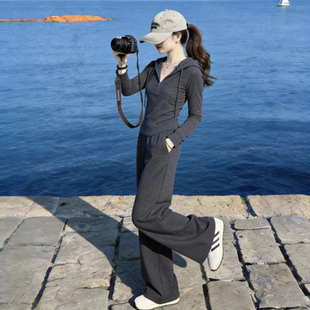 连帽短款长袖t恤运动套装女春秋季休闲减龄显瘦宽松阔腿裤两件套