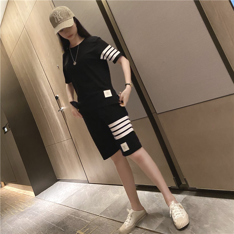 休闲短袖运动套装女夏新款宽松学生情侣装t恤中裤长裤俩件套薄款