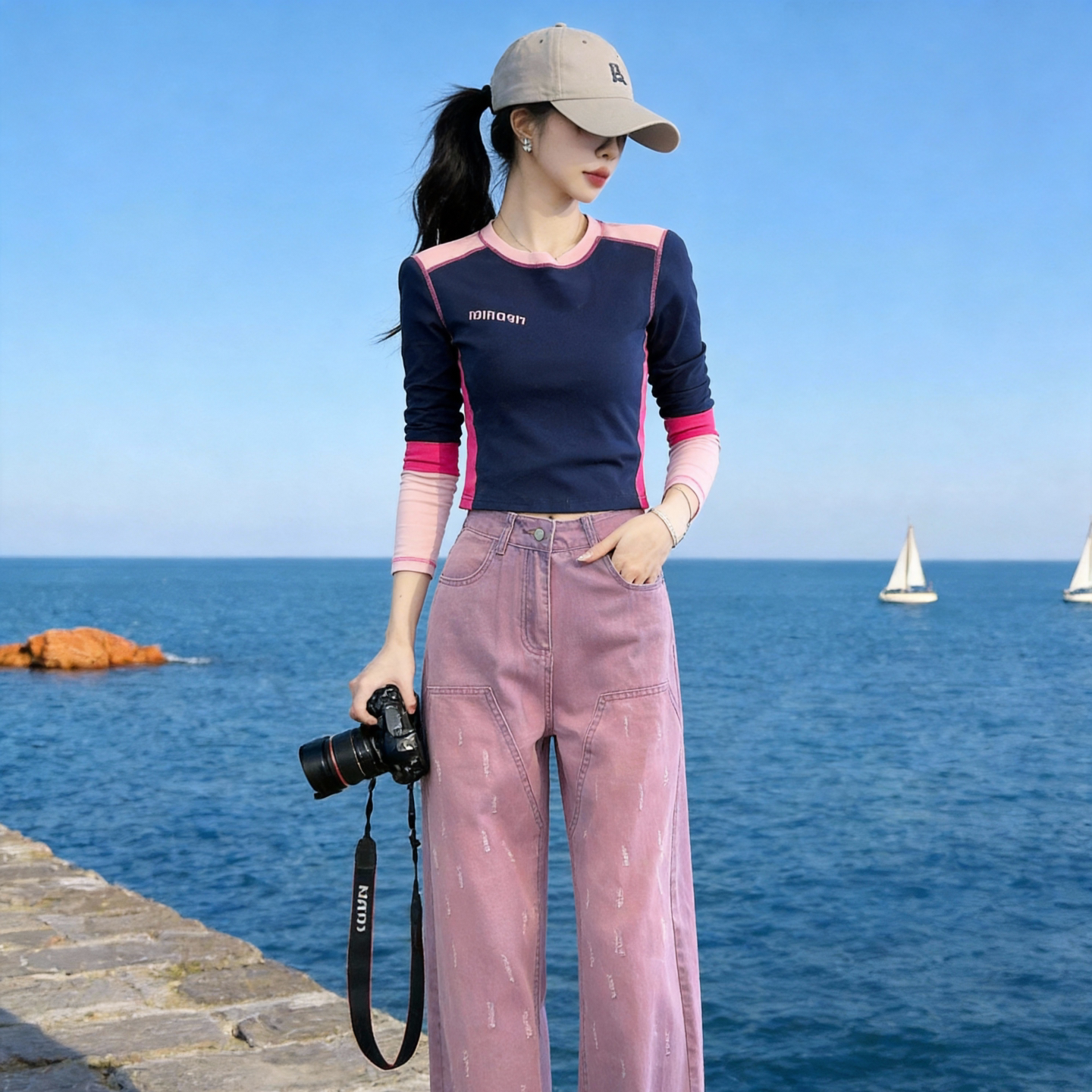 撞色刺绣休闲短款长袖T恤女春秋季街头风正肩修身显瘦打底衫上衣