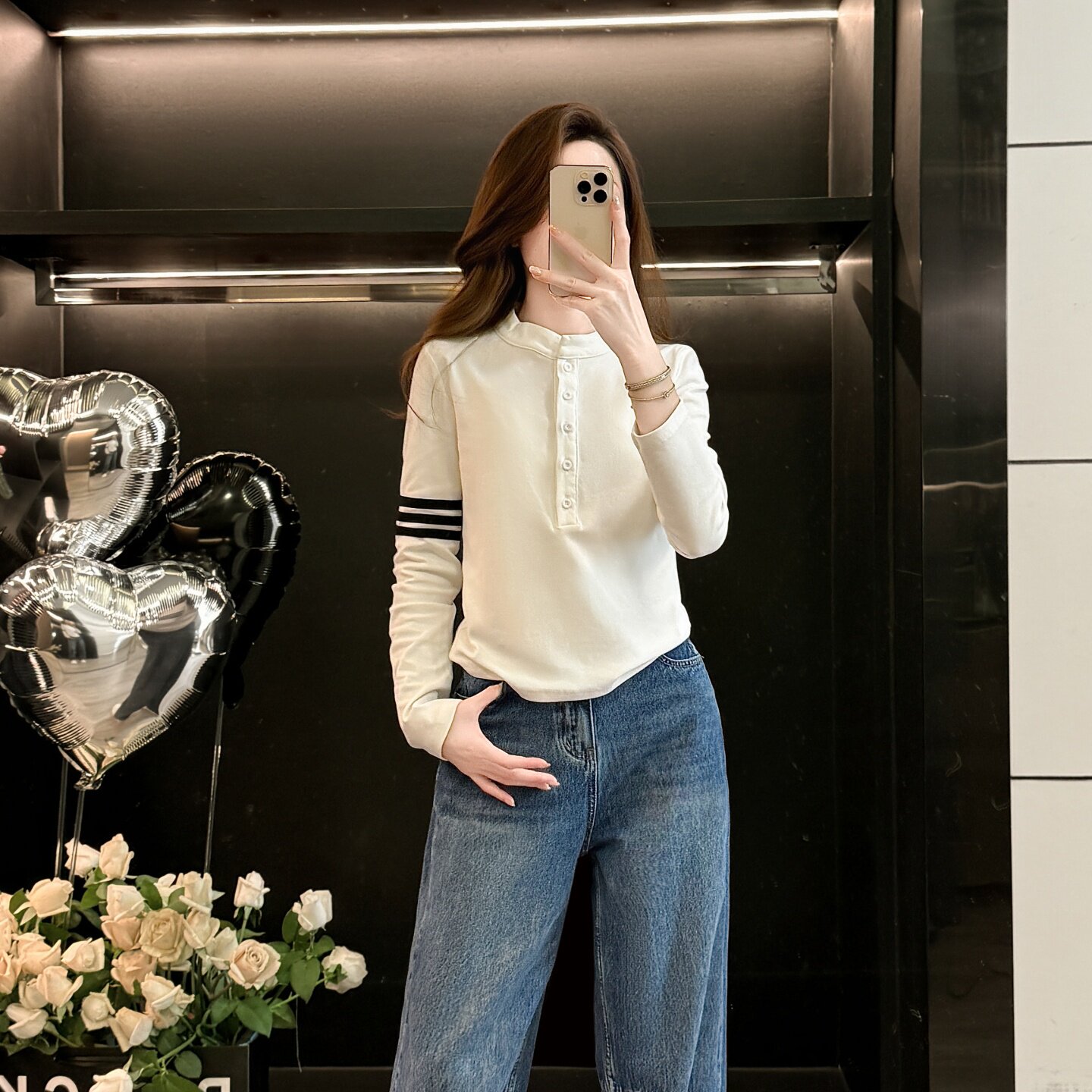 半开领短款长袖T恤女春秋季新款设计感百搭宽松显瘦打底衫上衣潮