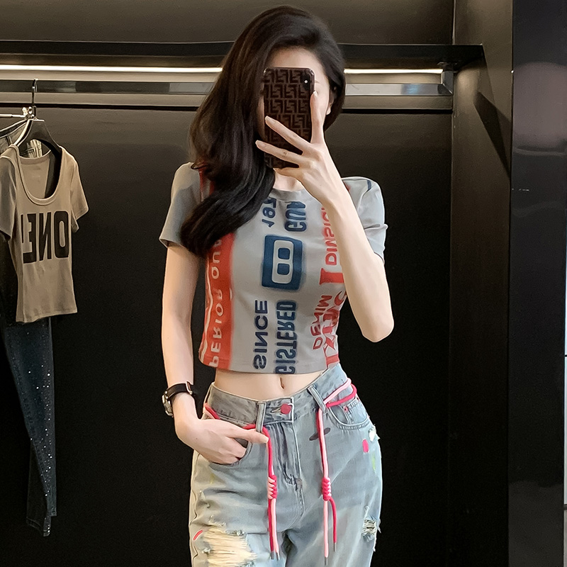 露脐紧身短款t恤女短袖夏季高腰修身显瘦辣妹字母涂鸦半袖上衣潮