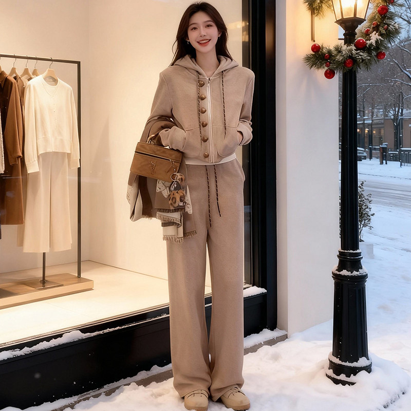 加绒连帽拉链短款外套运动套装女秋冬季休闲时尚宽松阔腿裤两件套,女装/女士精品,休闲运动套装,淘宝优惠券,粉丝福利购,淘宝优惠卷