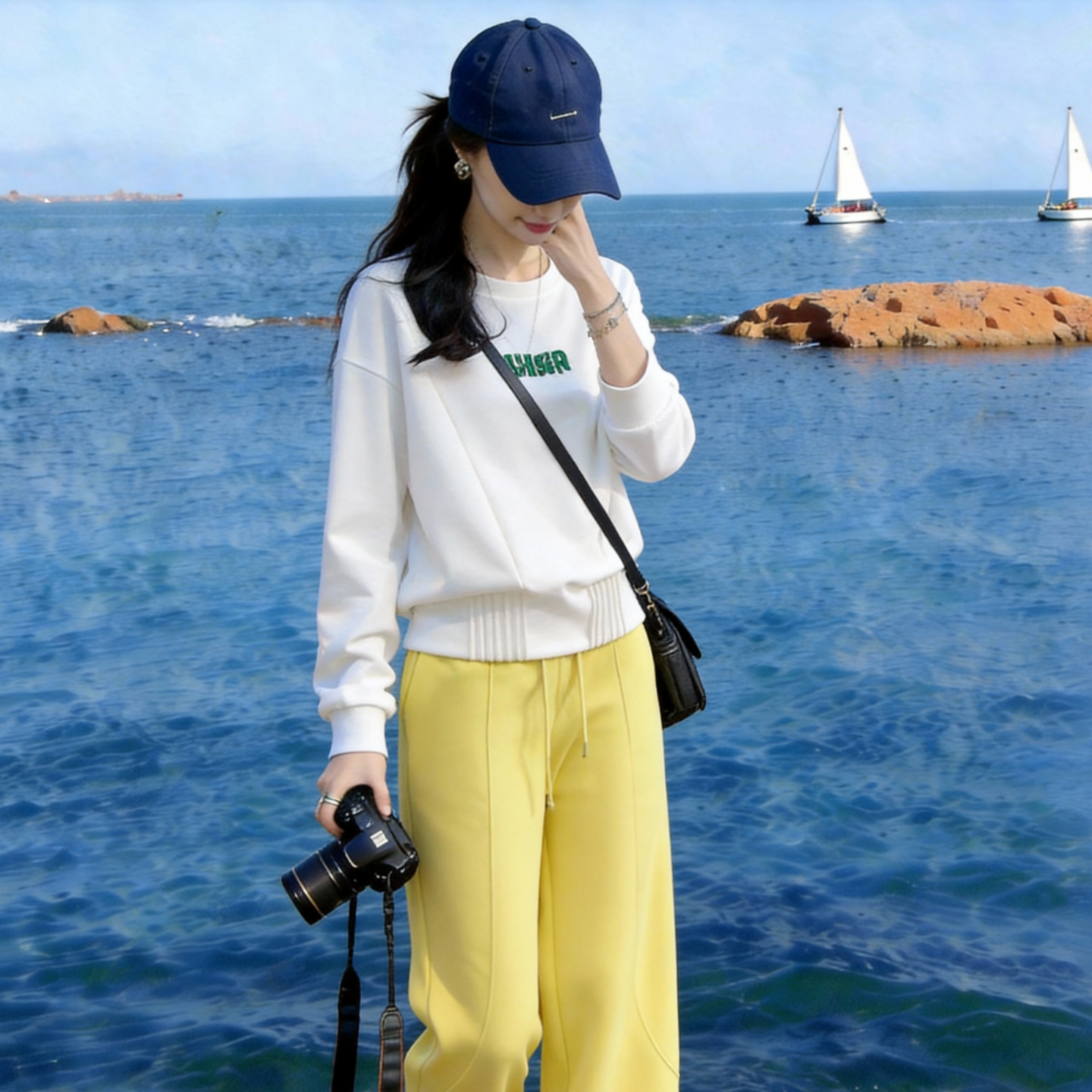 休闲慵懒风圆领字母订珠卫衣女春秋季新款白色宽松显瘦长袖上衣潮
