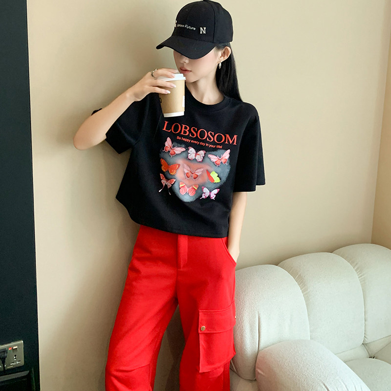 蝴蝶印花短款T恤女短袖夏季上衣