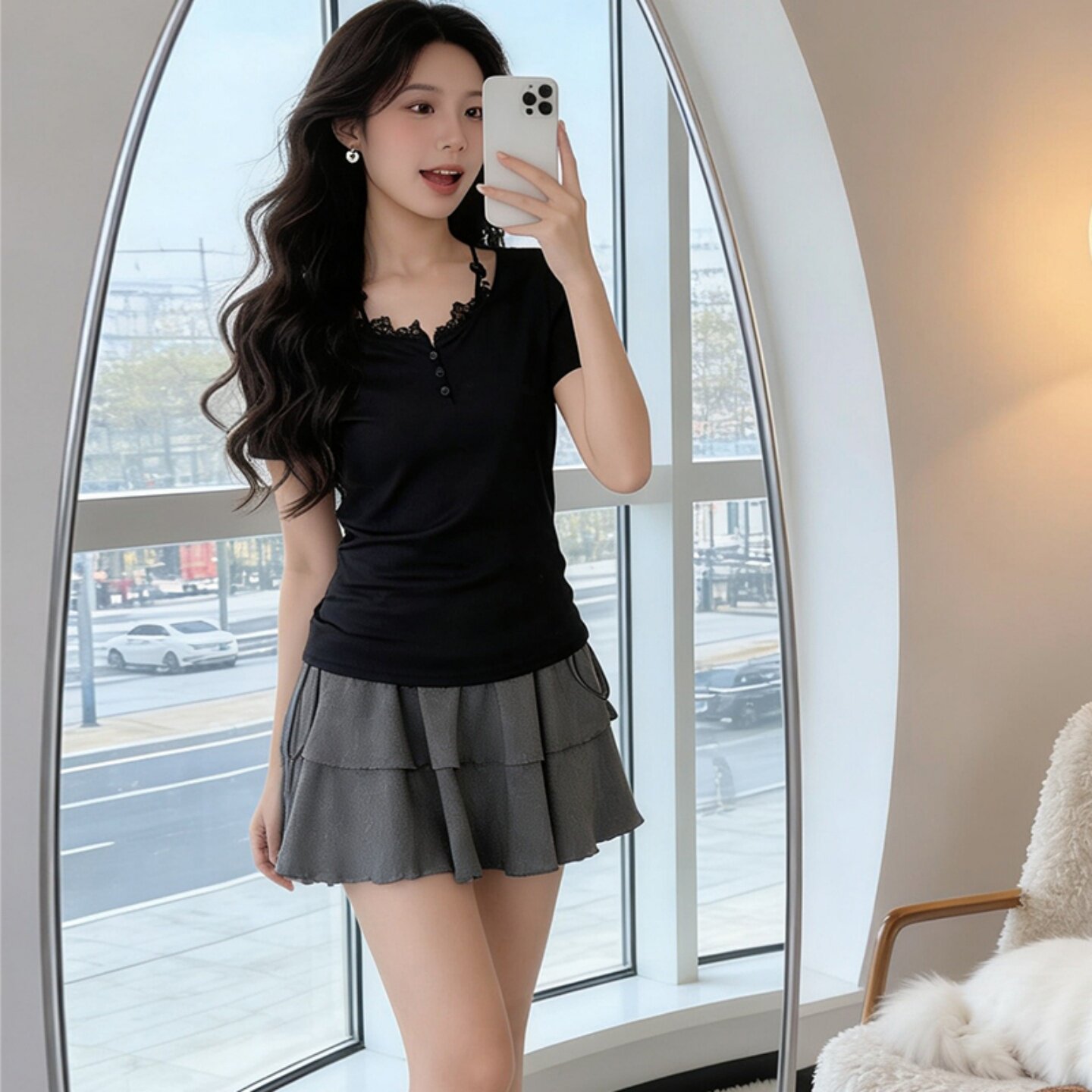 V领蕾丝花边短袖T恤女半袖衫上衣