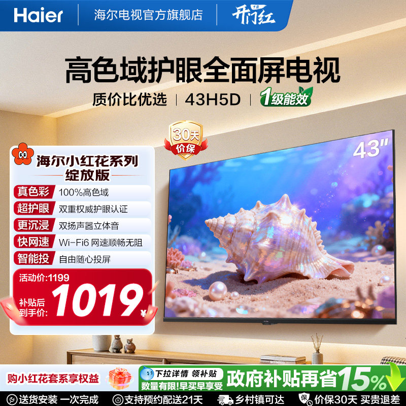 海尔小红花电视43H5D 43英寸高色域大内存护眼家用液晶电视机