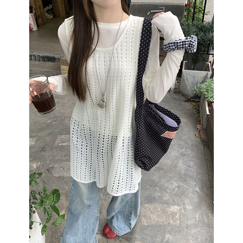 RIERA设计感白色上衣气质百搭中长款镂空针织侧开叉背心女2025新