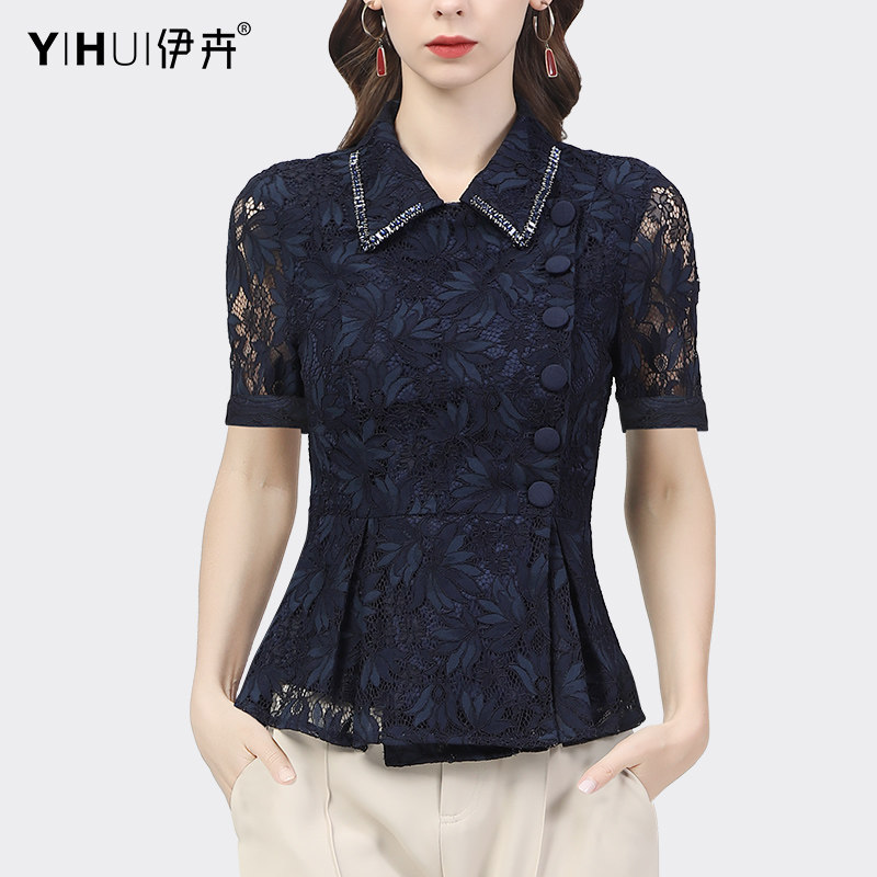 蕾丝衫衬衫短袖上衣设计感重工钉珠洋气小衫2022夏季新款显瘦气质