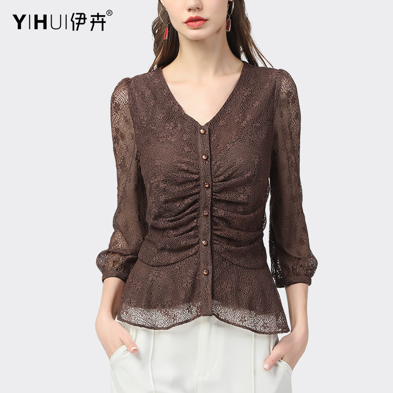 欧洲站春秋七分袖蕾丝衫女镂空气质上衣v领洋气新款小衫百搭显瘦
