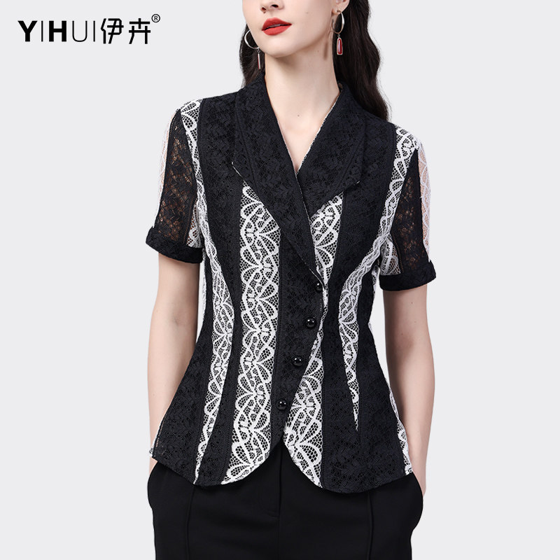 设计感蕾丝衫衬衫女气质西装领收腰衬衣2023夏季短袖小衫上衣新款